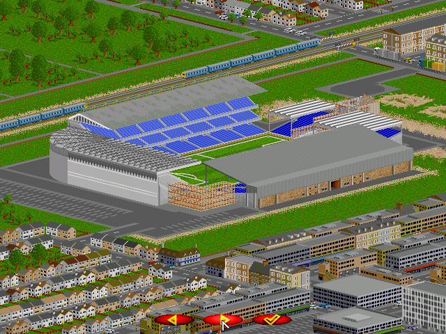 FIFA Soccer Manager made you click a "view stadium" button to see a rotatable isometric view of your stadium, but it looked lovely and even had construction graphics for where you're building something new. You could see the stadium during matches (also from an isometric-like view, but directly over the pitch). FSM had the option to buy more land to facilitate more stadium expansion as well as more club-owned shops.