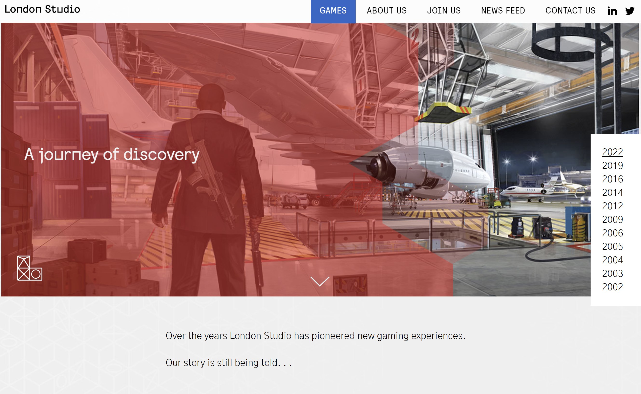 Screenshot of London Studio's games page, with a banner reading "A journey of discovery" and then body text reading "Over the years London Studio has pioneered new gaming experiences. Our story is still being told..."