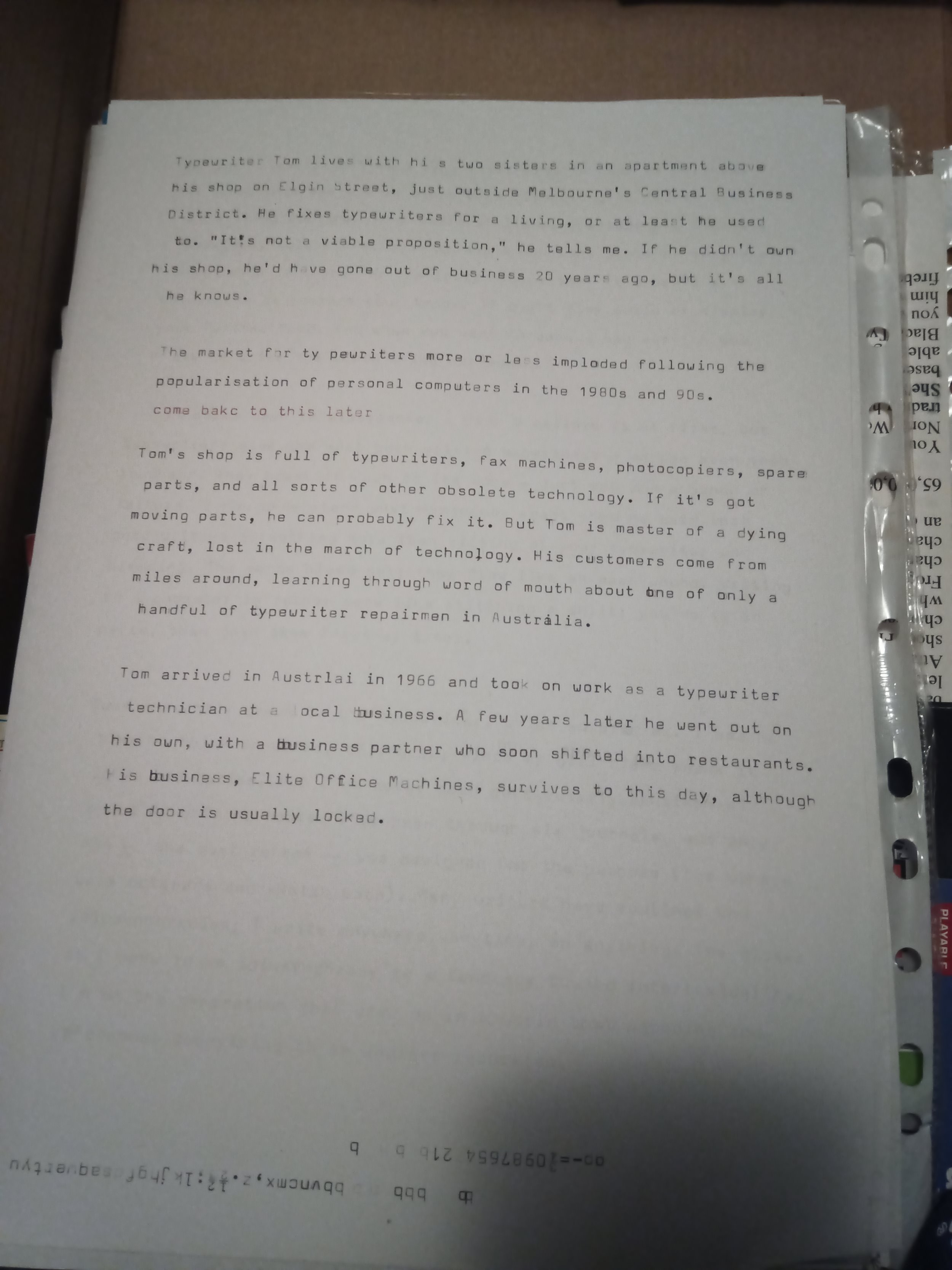 A page of text from the article, beginning "Typewriter Tom lives with his two sisters in an apartment above his shop on Elgin Street, just outside Melbourne's Central Business District. He fixes typewriters for a living, or at least he used to."