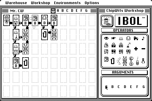 A screenshot of ChipWits 1984 showing how the notation works for creating robot instructions.