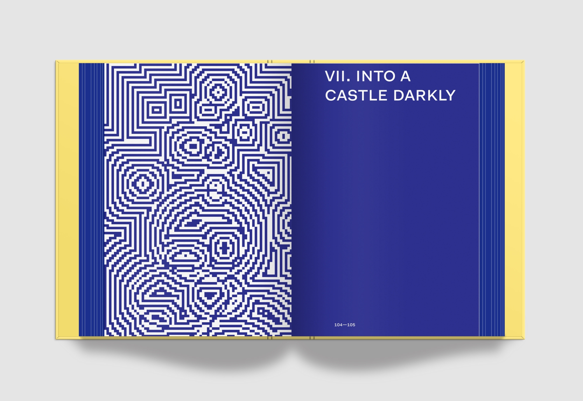 Concept design mockup for The Secret History of Mac Gaming chapter opener page spread, showing a full-page blue-tinged monochrome abstract artwork alongside a blue page with white text at the top reading "VII. INTO A CASTLE DARKLY". The page edges are blue and the inside cover is yellow.