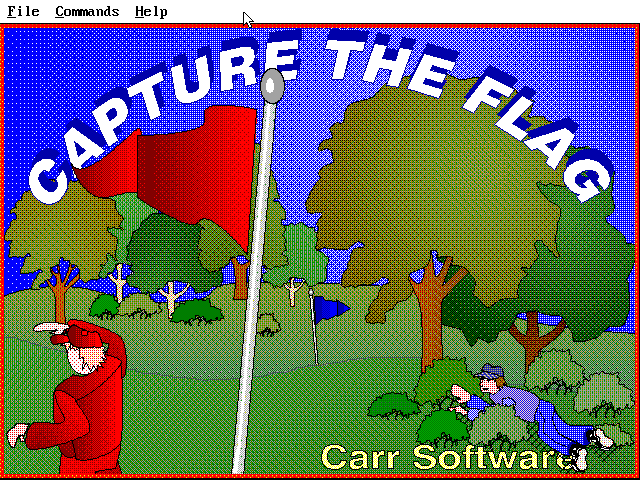 Capture the Flag game title screen. A red team lookout peers to the left while a blue team member hides in a bush, ready to jump out and rush for the red flag.