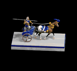 A 3D render of a chariot on a white block. The block is forever rotating while the chariot loops its movement animation.