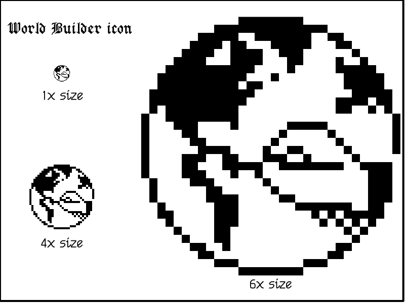 The icon for Mac game creation toolkit/application World Builder, showing a hand with a pen marking out the landmass of an Earth-like planet.