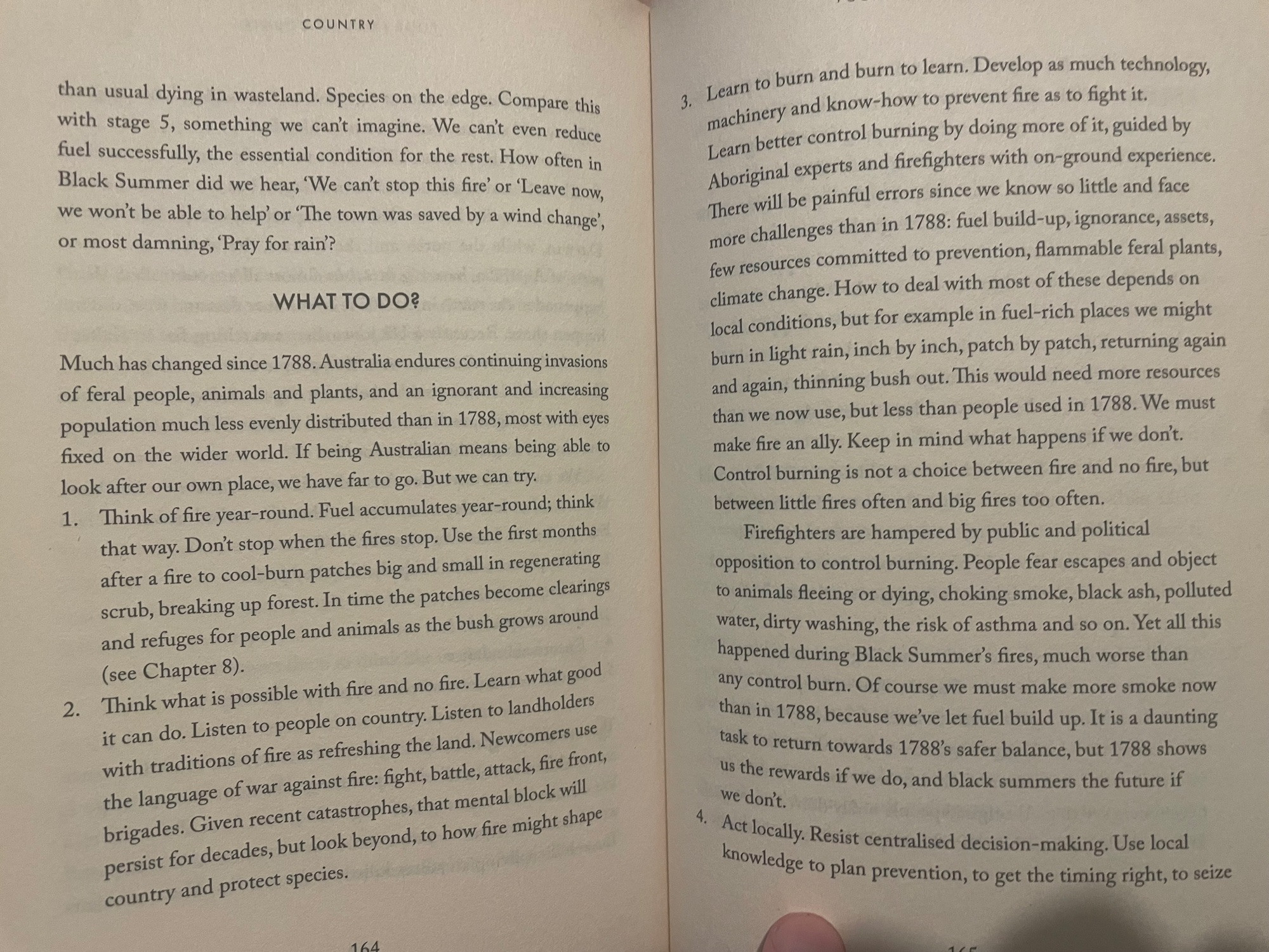 A page spread from the book Country on what we need to do to transition to fire management policies based on indigenous learnings. 