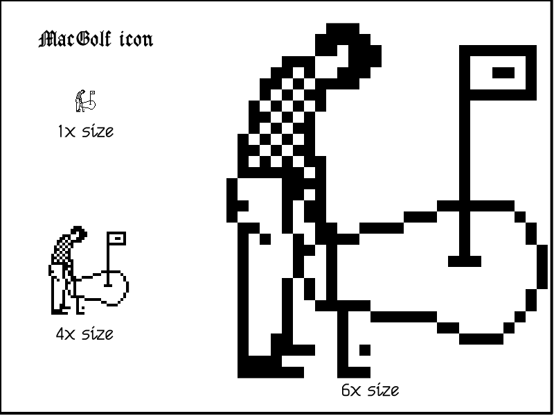 The MacGolf icon. It's a 1-bit pixel art drawing of a male golfer with a checkerboard pattern on his shirt. He's holding a golf club that looks like a putter, looking ready to swing to hit the ball. The green and the pin are a short distance in front of him.