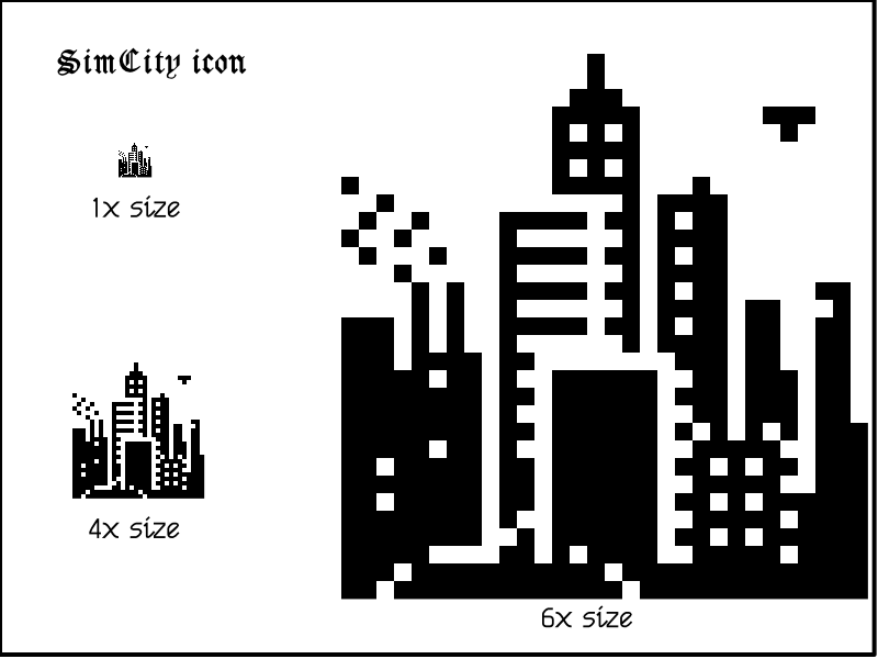 The SimCity Mac icon, showing a number of skyscrapers drawn in silhouette with dots and lines, as well as a factory pumping out pollution and a helicopter hovering in the sky. Everything is drawn in solid black on a white background.