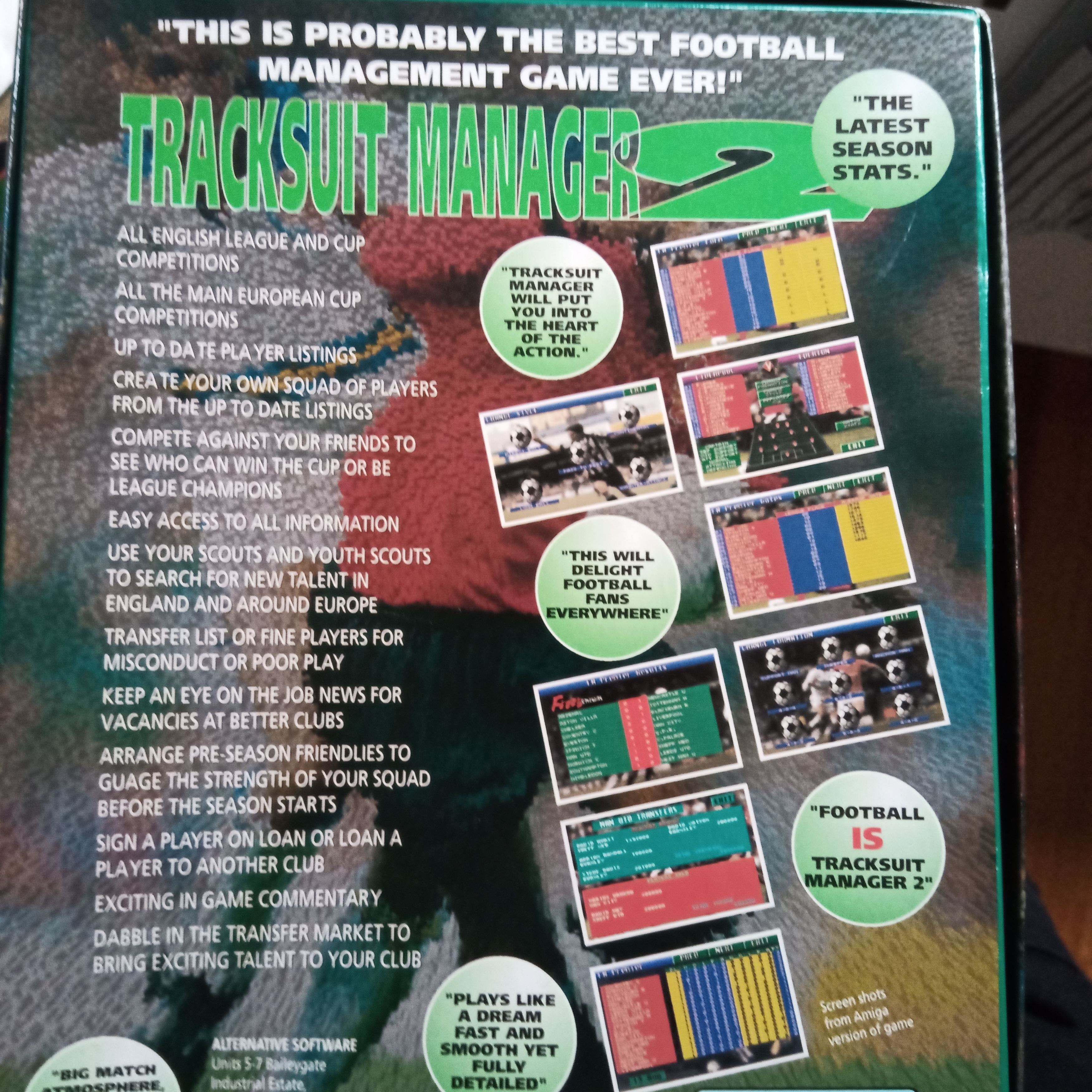 Tracksuit Manager 2 box back; quote at the top, which is unattributed, says "probably the best football management game ever!" Several other unattributed quotes offer similar effusive praise.