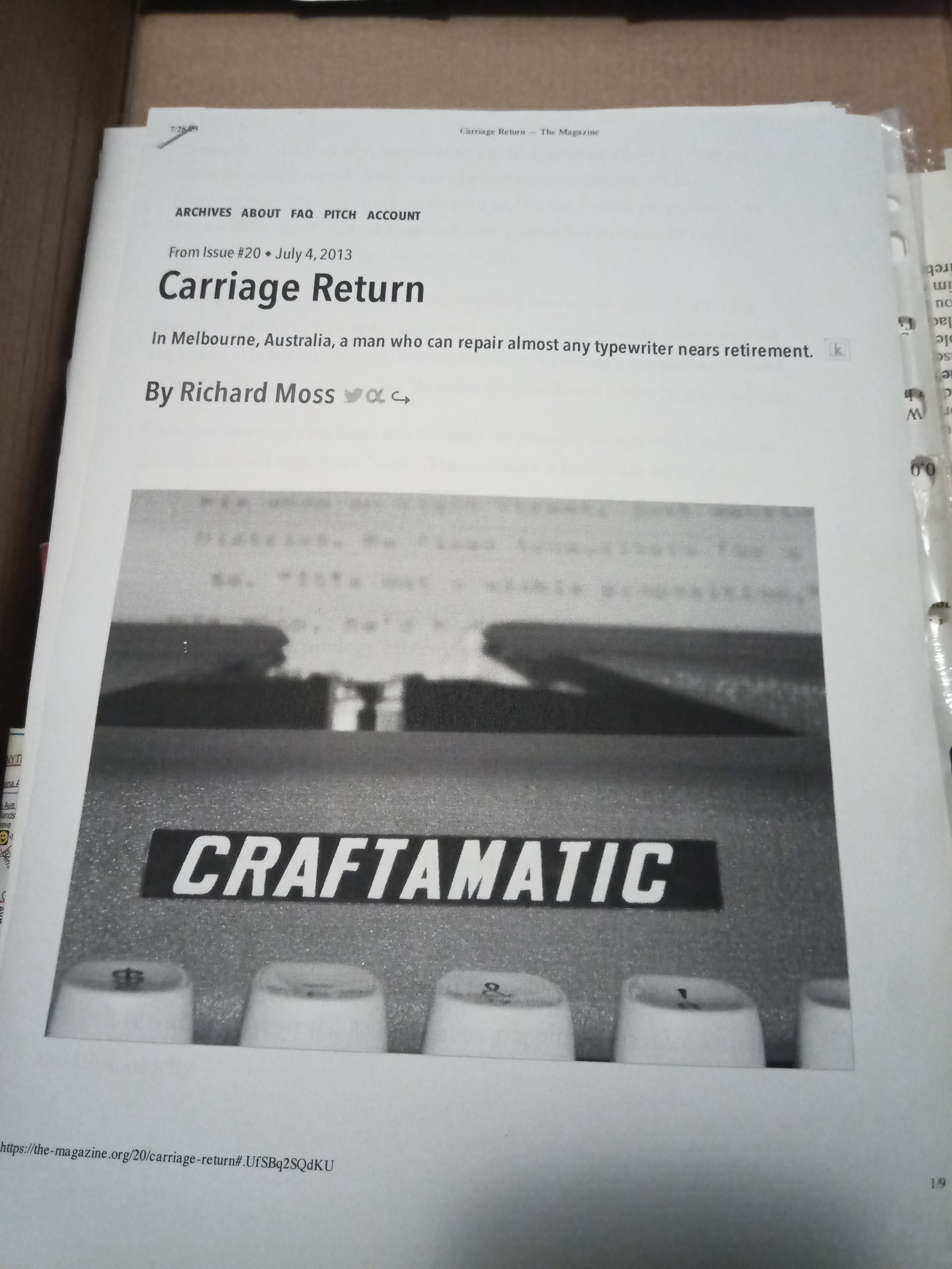 The first page of a printout of the article Carriage Return, published July 4, 2013, about a typewriter repairman in Melbourne who is nearing retirement. A closeup photo of a Craftamatic typewriter fills most of the page.