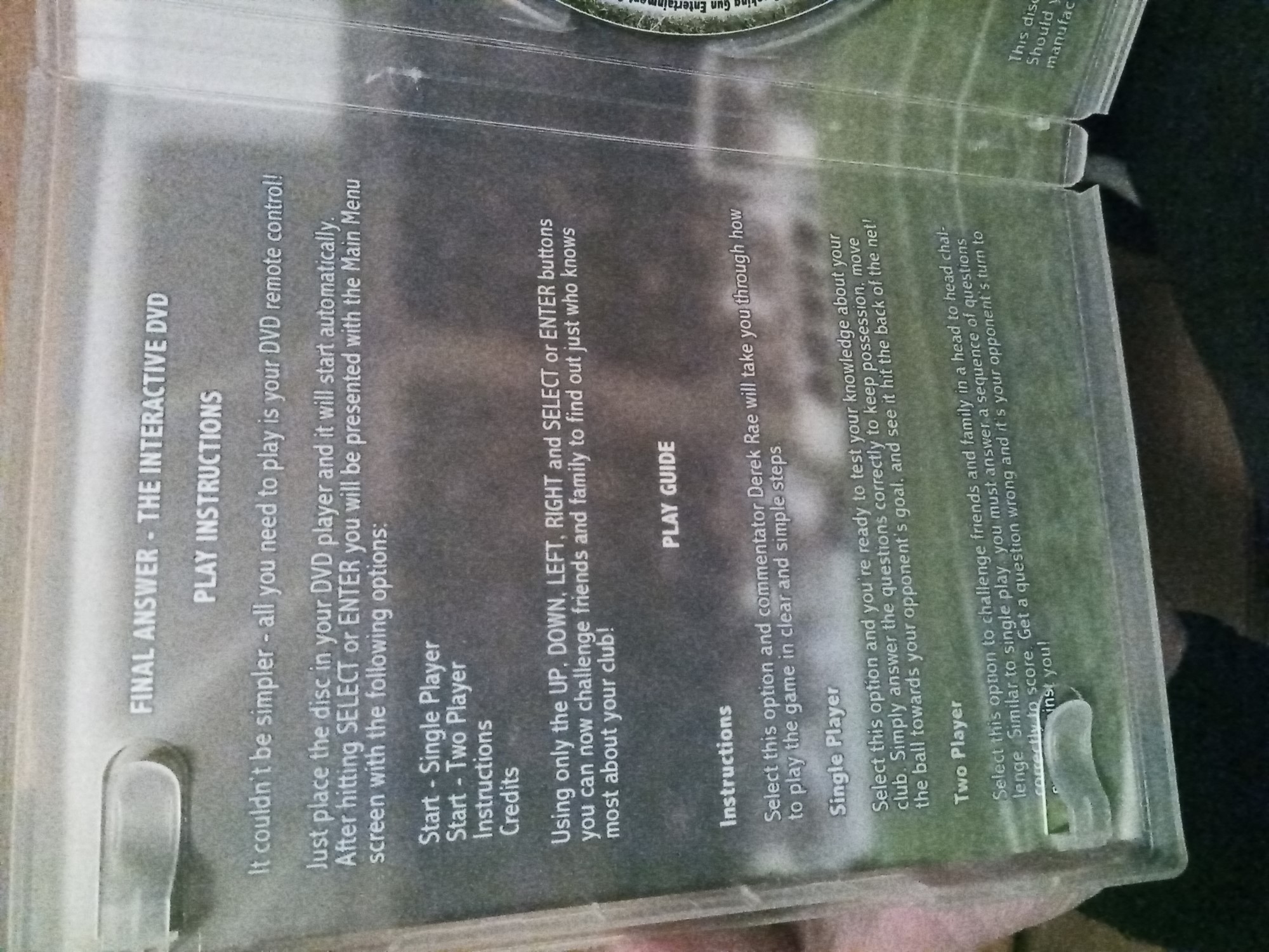 DVD case inside cover. Features basic instructions on how to play using the directional buttons on your DVD remote.