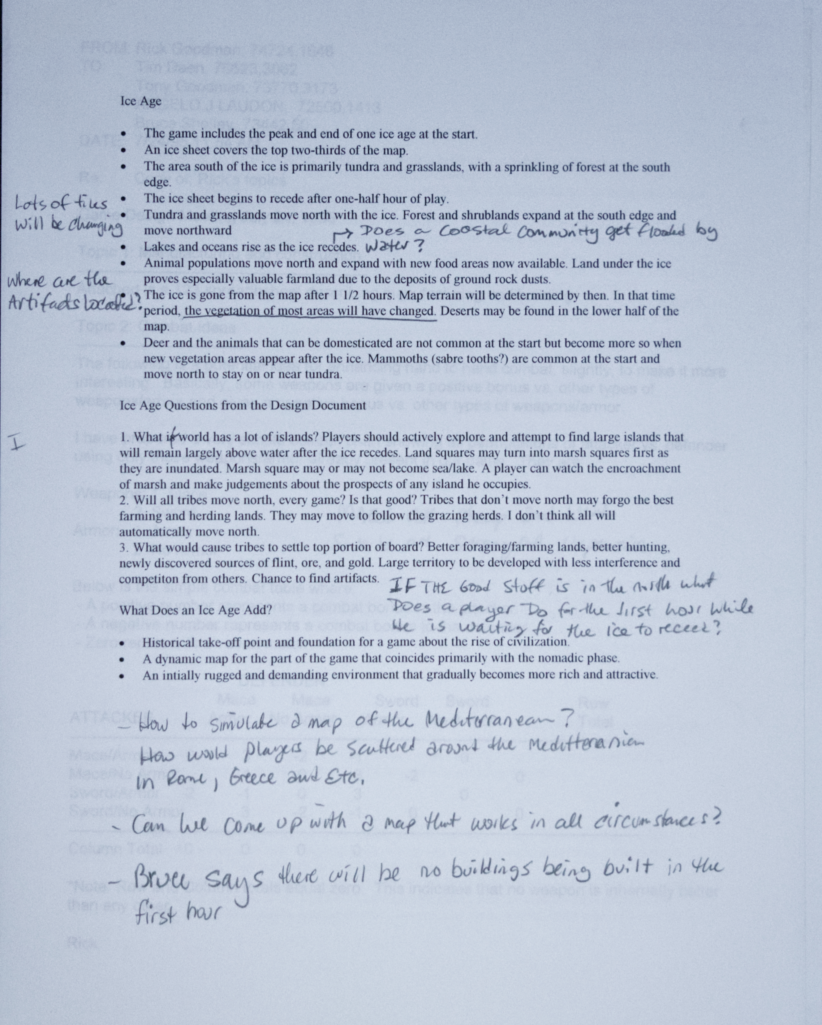 A design document discussing visions of a game starting near the end of an ice age, and needing to survive as the ice recedes during the early portions of the campaign. Designer Rick Goodman is critiquing the idea, questioning what it will add to the player's experience and where it might all fall apart.