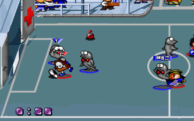 Super Action Ball screenshot on the default field, showing a player about to shoot into an empty goal