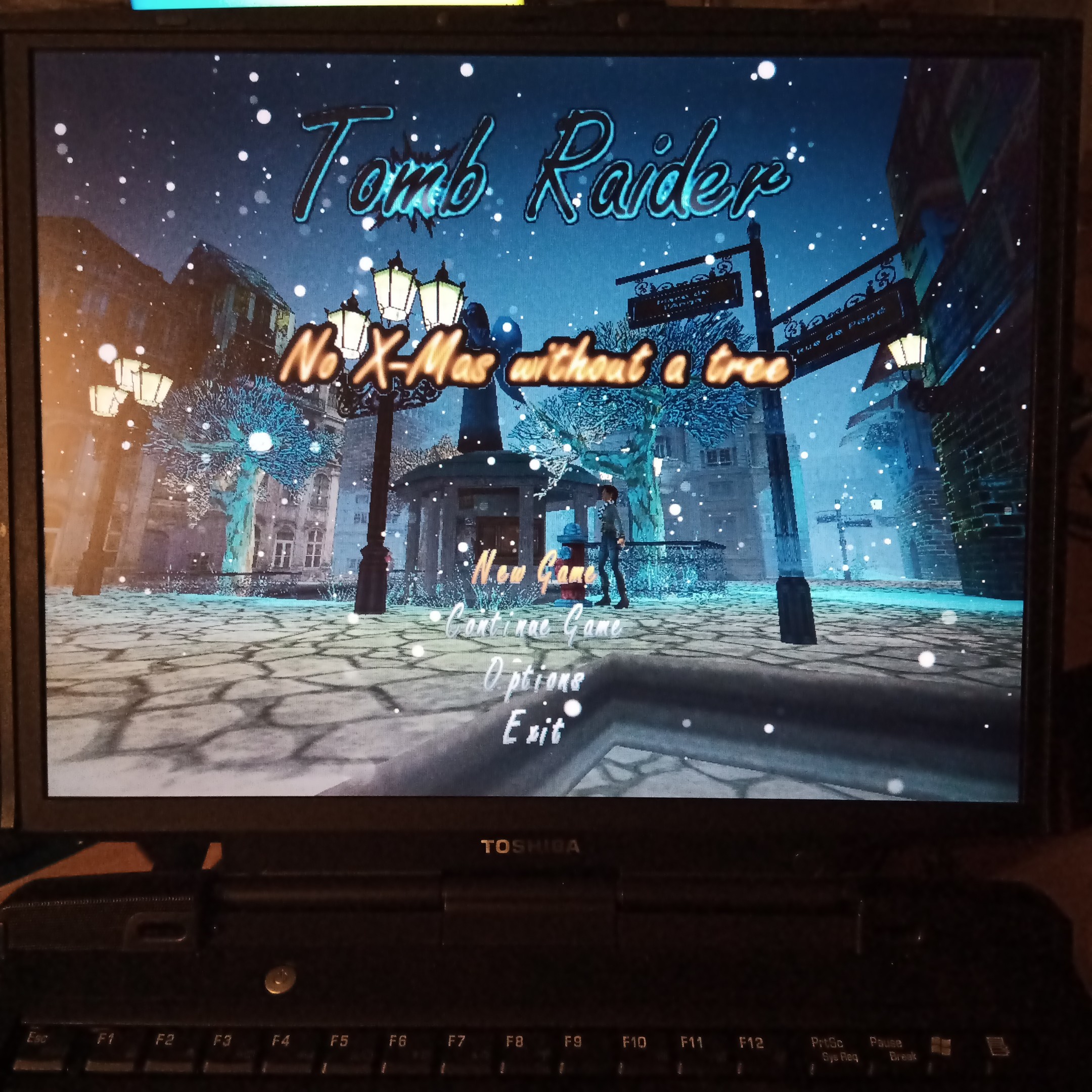 The title screen for Tomb Raider fan level No X-Mas Without a Tree, showing a snowy German town