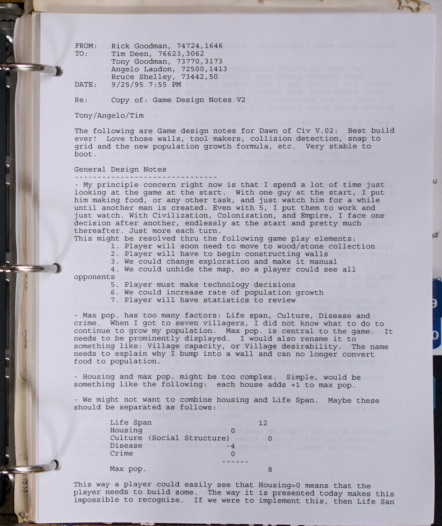 An internal memo from Rick Goodman to his Ensemble colleagues about the prototype build v.02, in which he shares his notes from playing the build. The key quote is "My principle concern right now is that I spend a lot of time just looking at the game at the start."