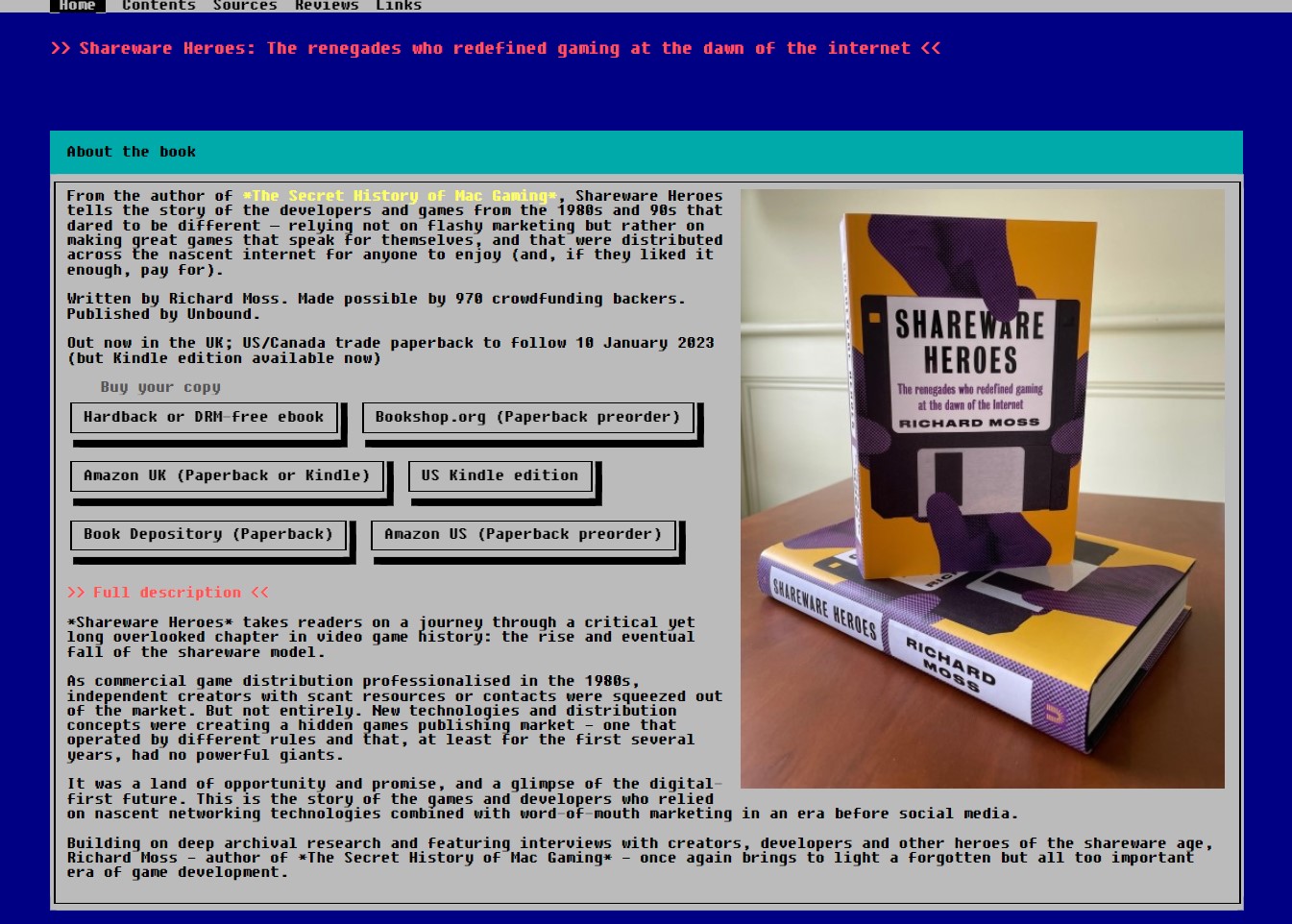 Screenshot of the main page at sharewareheroes.com. Includes short and long descriptions of the book plus links to buy the book.