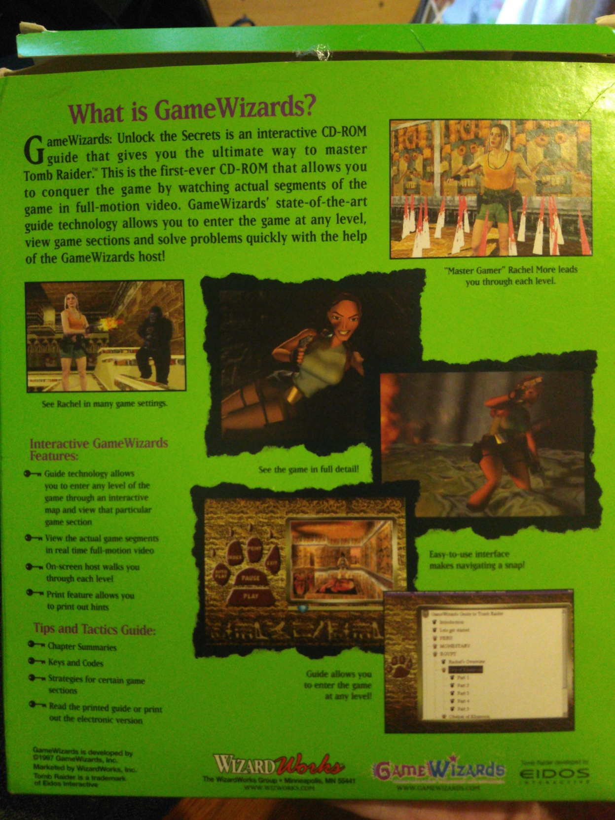 Back cover, showing screenshots of the software and asserting "This is the first ever CD ROM that allows you to conquer the game by watching actual segments of the game in full-motion video."