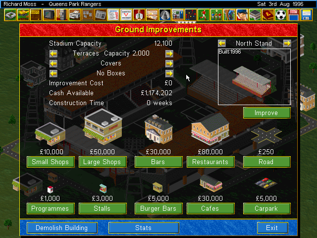 Ultimate Soccer Manager 1 and 2 (second one pictured) let you build roads and shops around your stadium and set prices on the goods. The main menu/home screen of the game included a nice isometric view of the stadium and its surroundings, and you could see everything changing over time as you built it up.