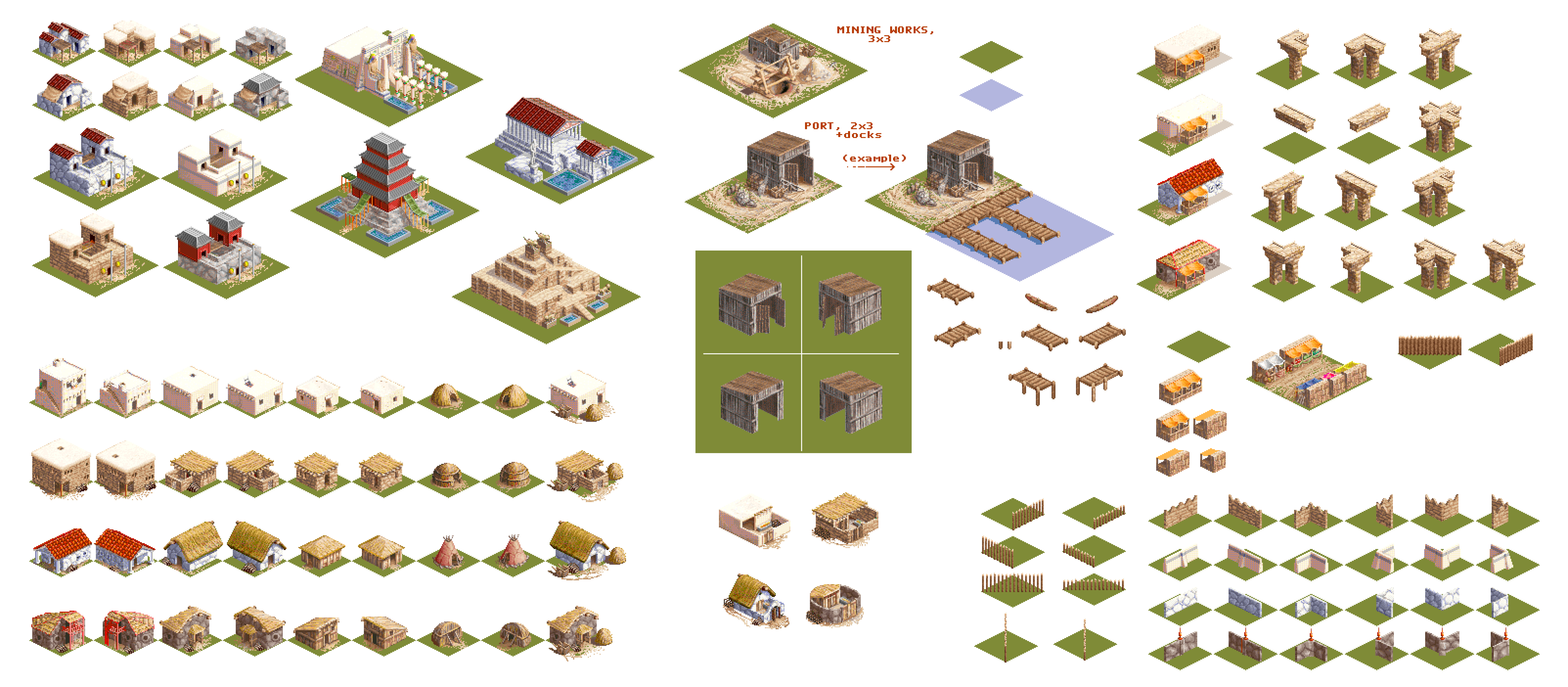 Building art used early in development of Age of Empires 1, provided to me by lead artist Brad Crow (although much of this would have been drawn by David Deen). These were later replaced by 3D renders that got flattened to 2D and touched up by hand.