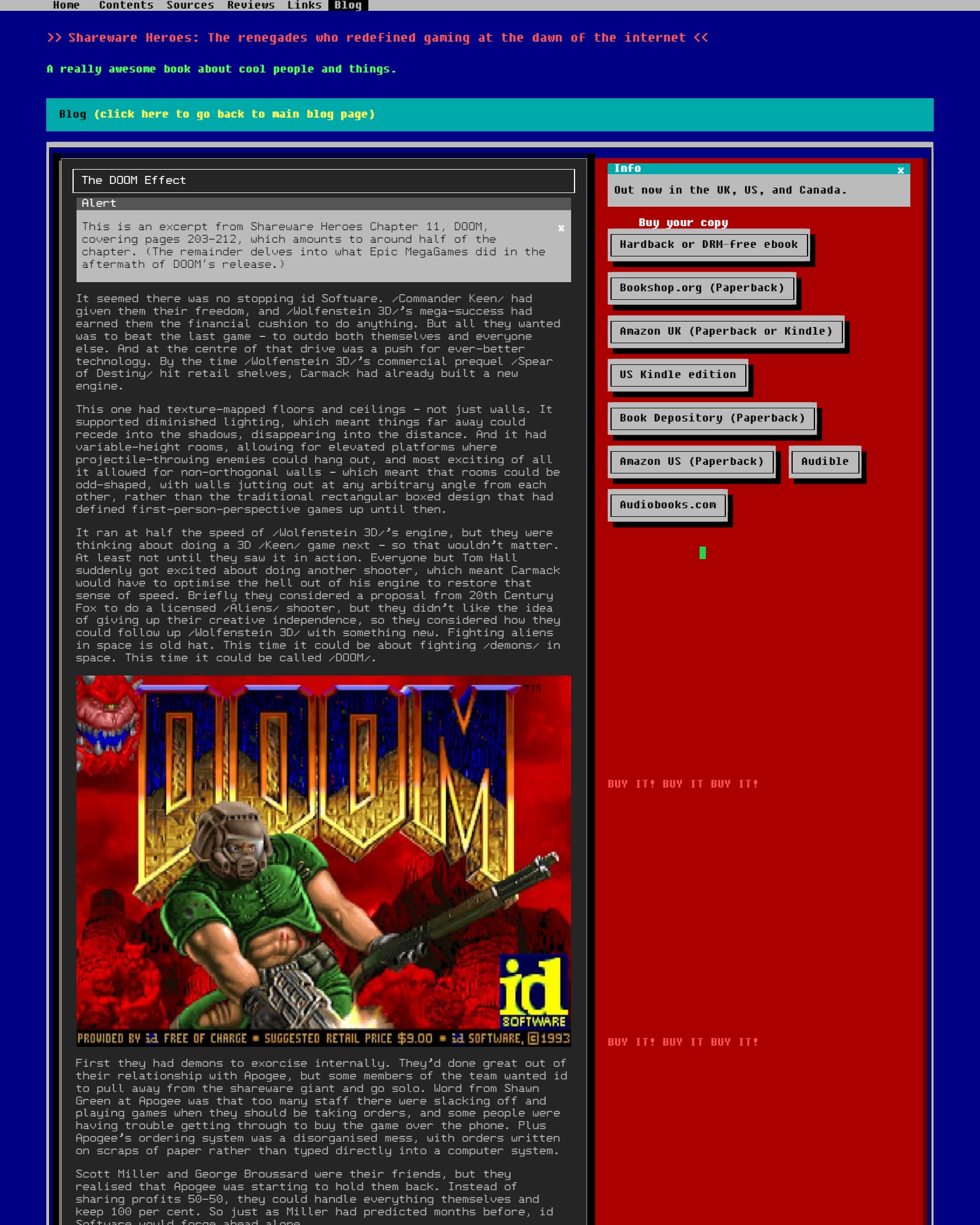 A screenshot showing part of the linked article, titled "The DOOM Effect", which begins "It seemed there was no stopping id Software. Commander Keen had given them their freedom, and Wolfenstein 3D’s mega-success had earned them the financial cushion to do anything. But all they wanted was to beat the last game – to outdo both themselves and everyone else. And at the centre of that drive was a push for ever-better technology. By the time Wolfenstein 3D’s commercial prequel Spear of Destiny hit retail shelves, Carmack had already built a new engine."