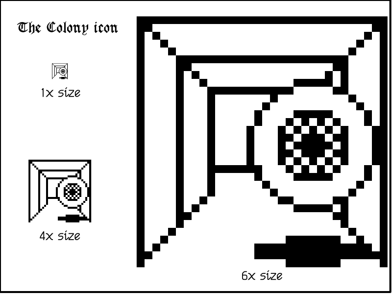 The icon for classic Mac game The Colony, shown at three different sizes. It portrays a black and white 3D corridor with a giant floating eyeball staring back at you.