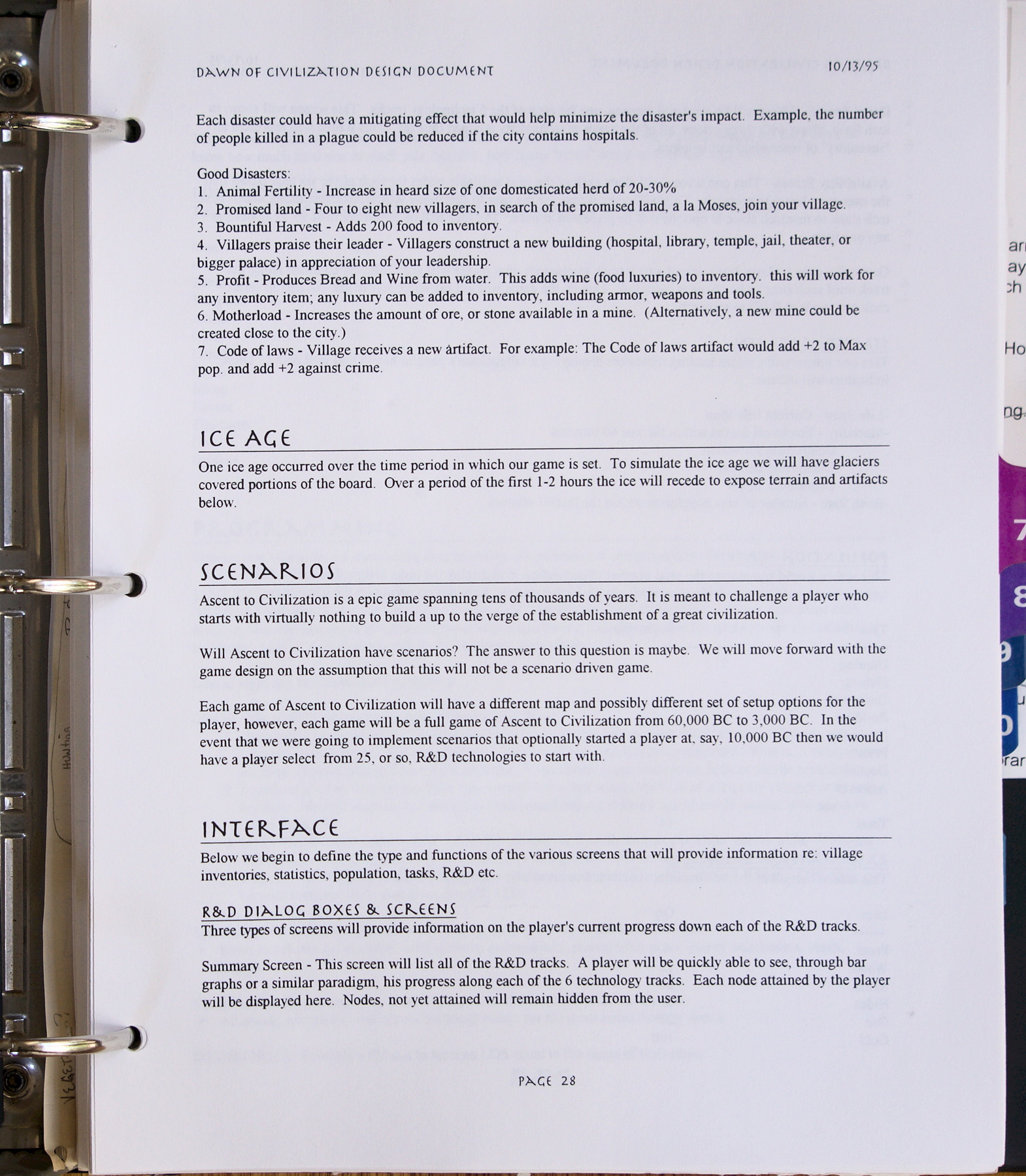 Page 28 of the design doc, including the tail end of a section about natural disasters as well as a brief note about the game commencing at the end of an ice age, a short section pondering the inclusion of scenarios, and the beginning of a section about the game's interface.