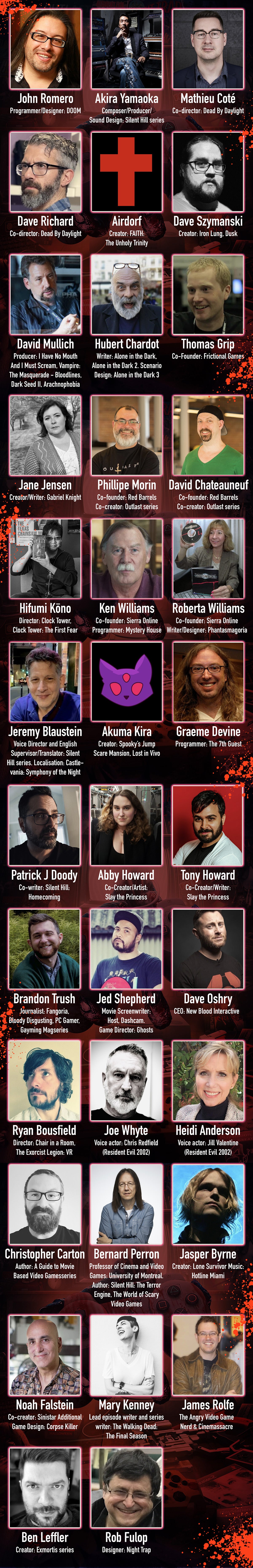 An image with headshots, names, and most-noteworthy horror-related roles for the 35 confirmed cast members of TerrorBytes: The Evolution of Horror Gaming documentary series.