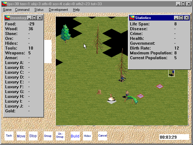 A screenshot of Dawn of Man v.02. This is the earliest version of the game that I've seen (and played!). Screenshot by me