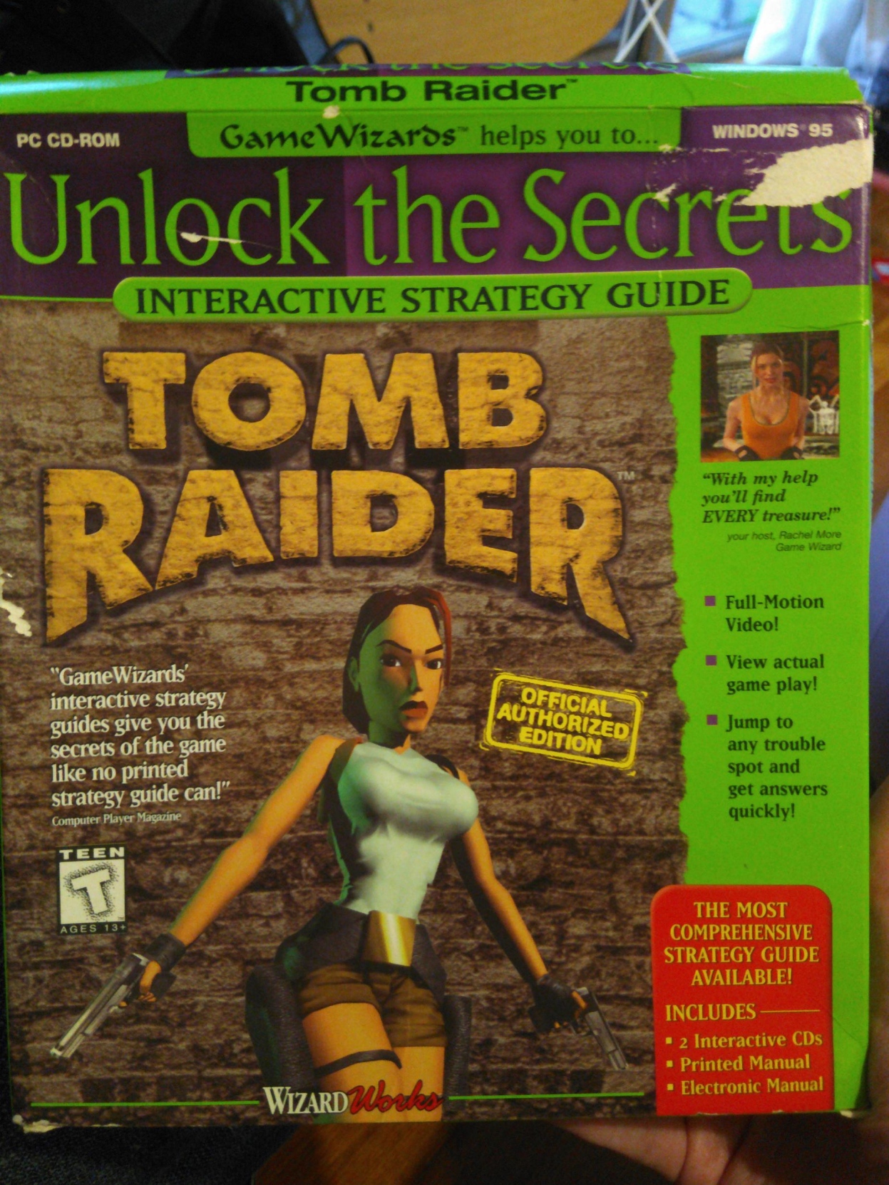 Front cover for the GameWizards Tomb Raider Interactive Strategy Guide, promising "full motion video", "view actual game play", and "jump to any trouble spot and get answers quickly" as major selling points.