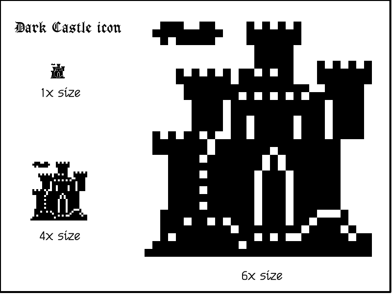 The icon for classic Mac game Dark Castle, depicting a dark and foreboding castle in a 1-bit 32 by 32 pixel illustration.