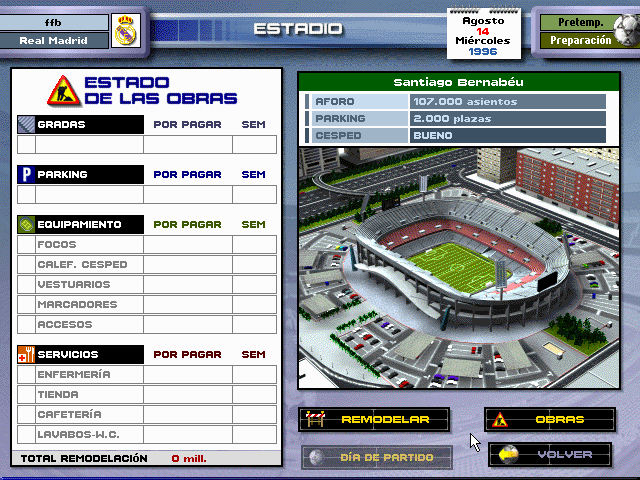 PC Futbol 5.0, released in the UK as Premier Manager 97 and in Italy as PC Calcio 5.0, had a rendered 3D look but plenty of stadium expansion options as well. Versions 6 and 7 went much deeper, with dozens of individual both prices and inventory for catering and merchandise items to manage (although you could delegate such tasks to your assistant manager).