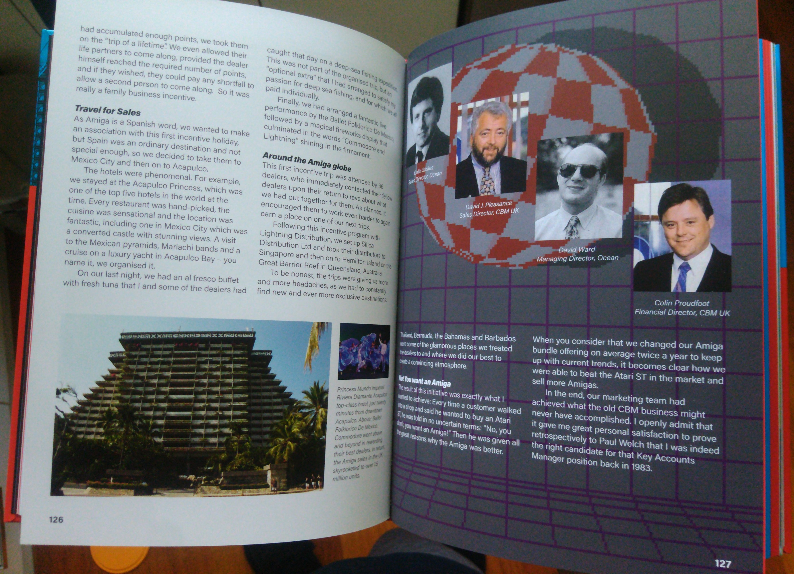 A random page spread from inside the book. This spread seems to be from a first-hand account on marketing the Amiga in its early days.